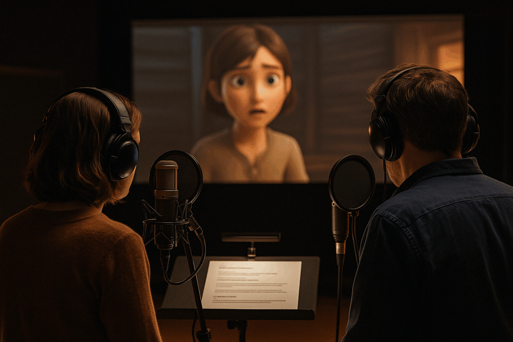 Zwei Schauspiel*innen beim Synchronisieren eines Cartoons