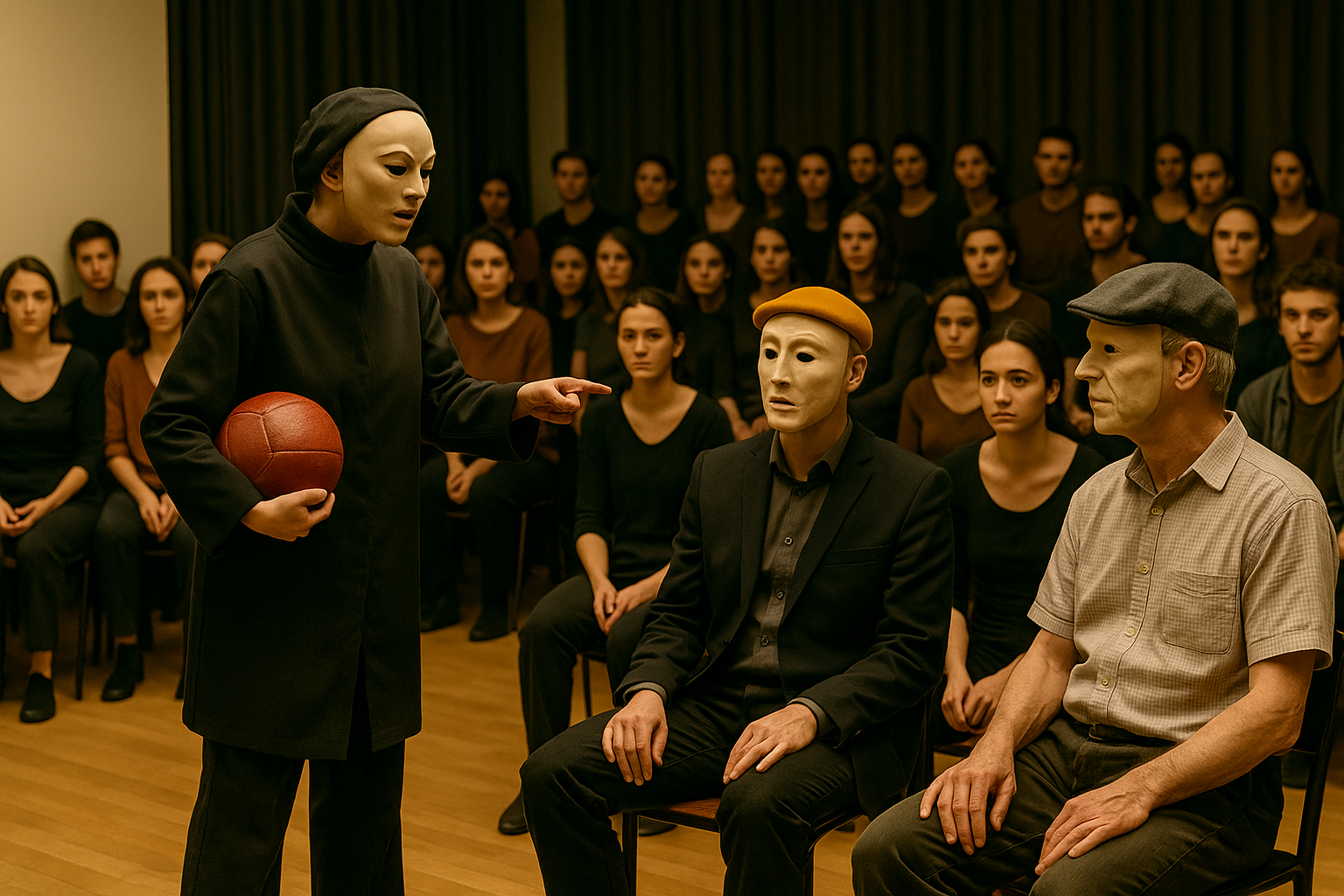 chauspielschüler*innen auf einer kleinen Theaterbühne beim Maskenspiel nach Lecoq. Vier Personen tragen neutrale Masken, bewegen sich in intensiver Körpersprache und interagieren ohne Worte. Die Szene ist in warmes Licht getaucht und vermittelt Konzentration, Ausdruck und das kreative Spiel mit Bewegung und Gestik.