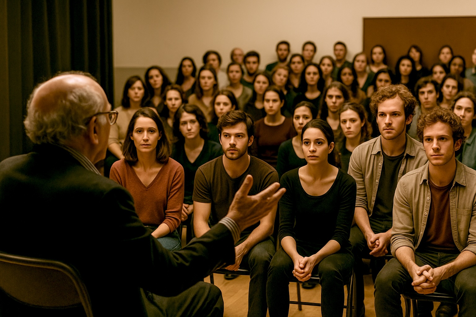 Schauspielunterricht eines Lehrmeisters für Schauspielmethoden in einem Probenraum einer Schauspielschule. Viele Schauspielschüler*innen nehmen teil, um die Schauspieltechniken zu erlernen.